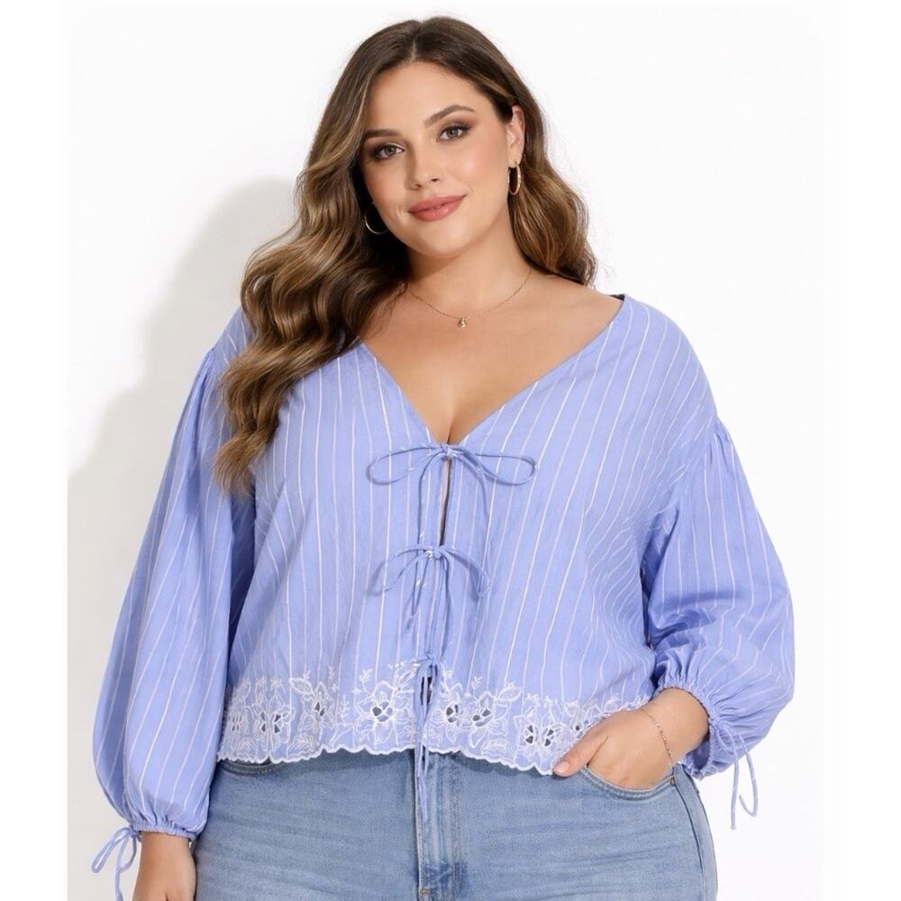 Future Collective Womens Plus Size 2X Long Sleeve Eyelet Tie-Front Poplin Blouse